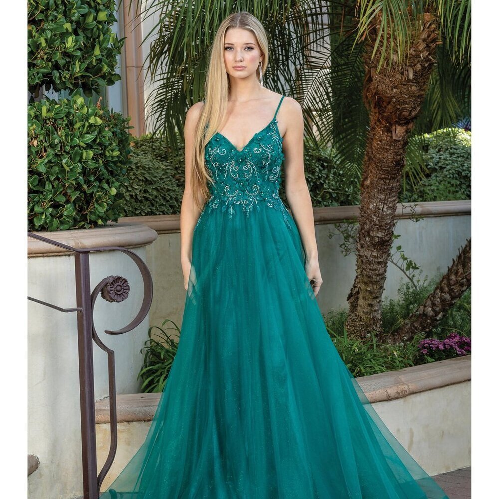 New A-Line Sleeveless Tulle Dress w/ Floral Lace & Beads Emberoidery DQ 4276